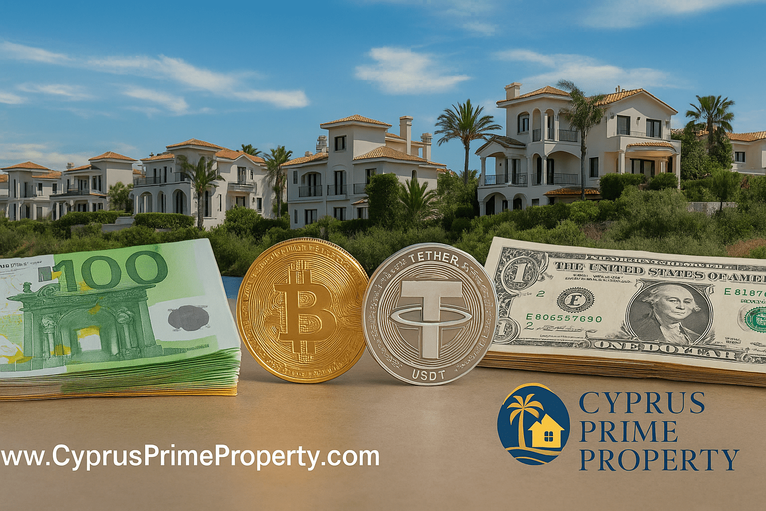 Cyprus Prime Property brand visuals showing Mediterranean villas, investor-friendly crypto payments, and real estate key handovers in Northern Cyprus — clean professional style with company logo and website