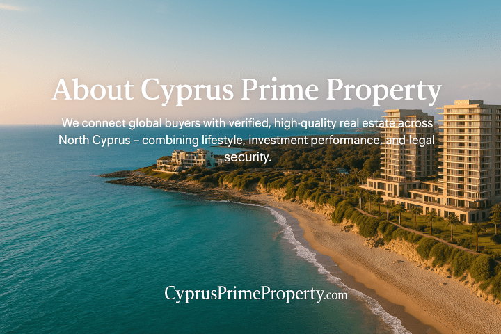 Gün batımında turkuaz deniz, altın kayalıklar ve Cyprus Prime Property logosu ile Kuzey Kıbrıs'ta lüks sahil konutları.