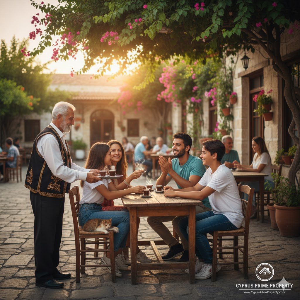Eine glückliche Familie und Freunde genießen ein Abendessen im Freien mit Panoramablick auf einen friedlichen Yachthafen und den mediterranen Sonnenuntergang in Nordzypern, was Sicherheit, Stabilität und Gastfreundschaft für CyprusPrimeProperty.com symbolisiert.