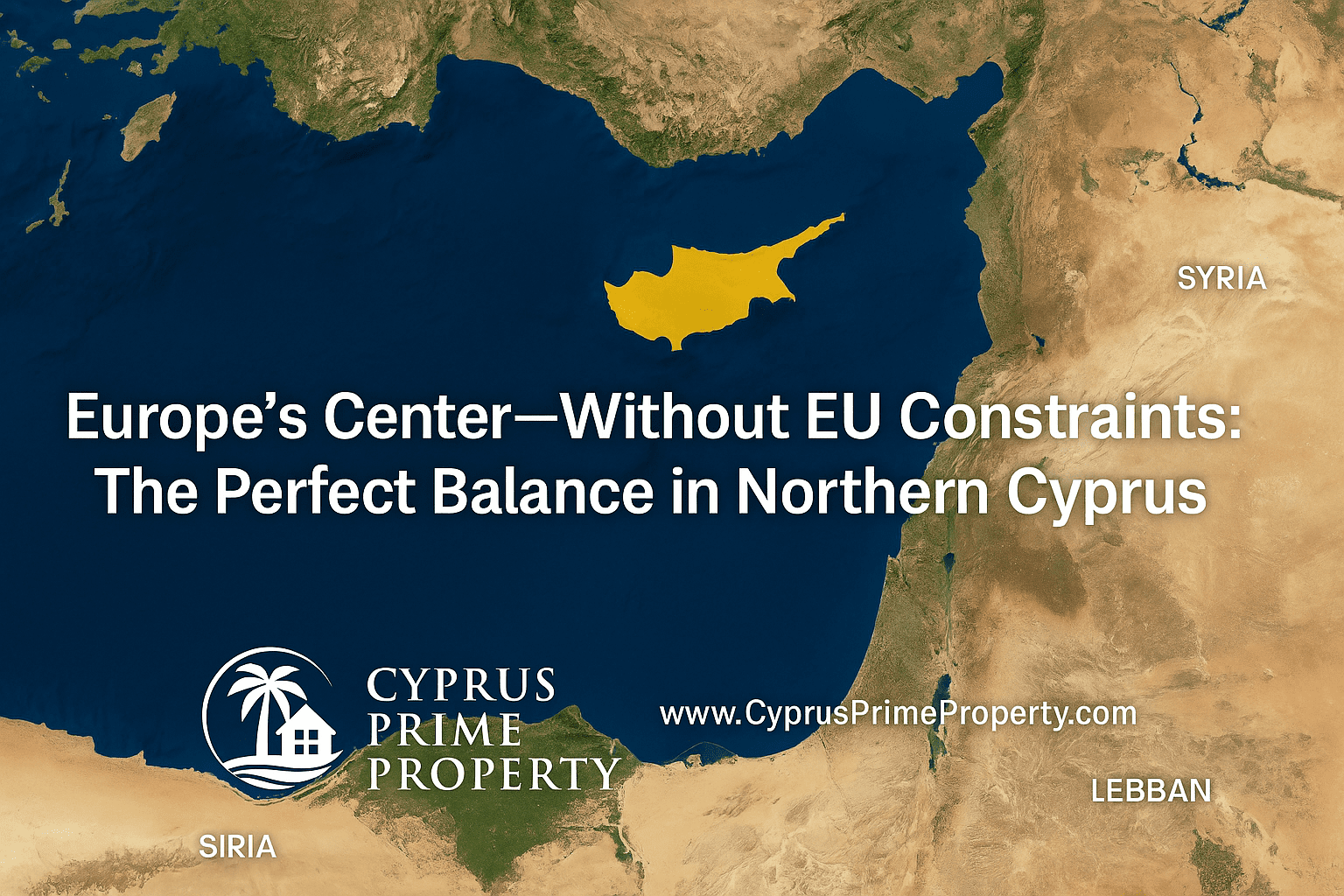 Karte von Nordzypern, die seine strategische Lage im Mittelmeer zwischen Europa, Asien und dem Nahen Osten zeigt, hervorgehoben in Gold mit Cyprus Prime Property Branding.