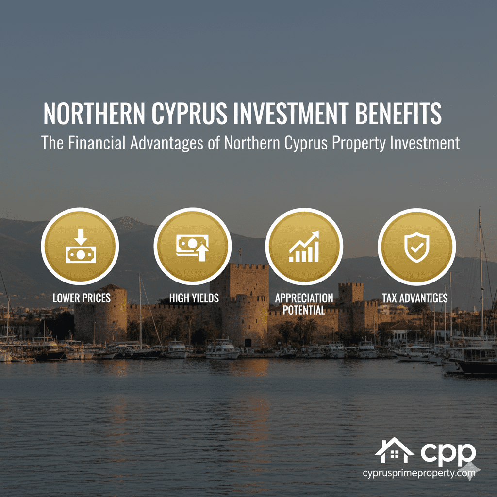 Discover the compelling financial advantages of Northern Cyprus property investment with this informative infographic from cpp - CyprusPrimeProperty.com, highlighting lower prices, high yields, appreciation potential, and significant tax advantages.
