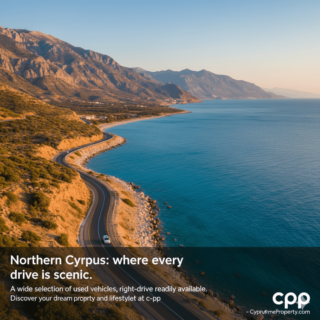 Malerische Küstenstraße in Nordzypern mit klarem blauem Meer, Bergkulisse und Auto, das auf der rechten Seite fährt - cpp CyprusPrimeProperty.com