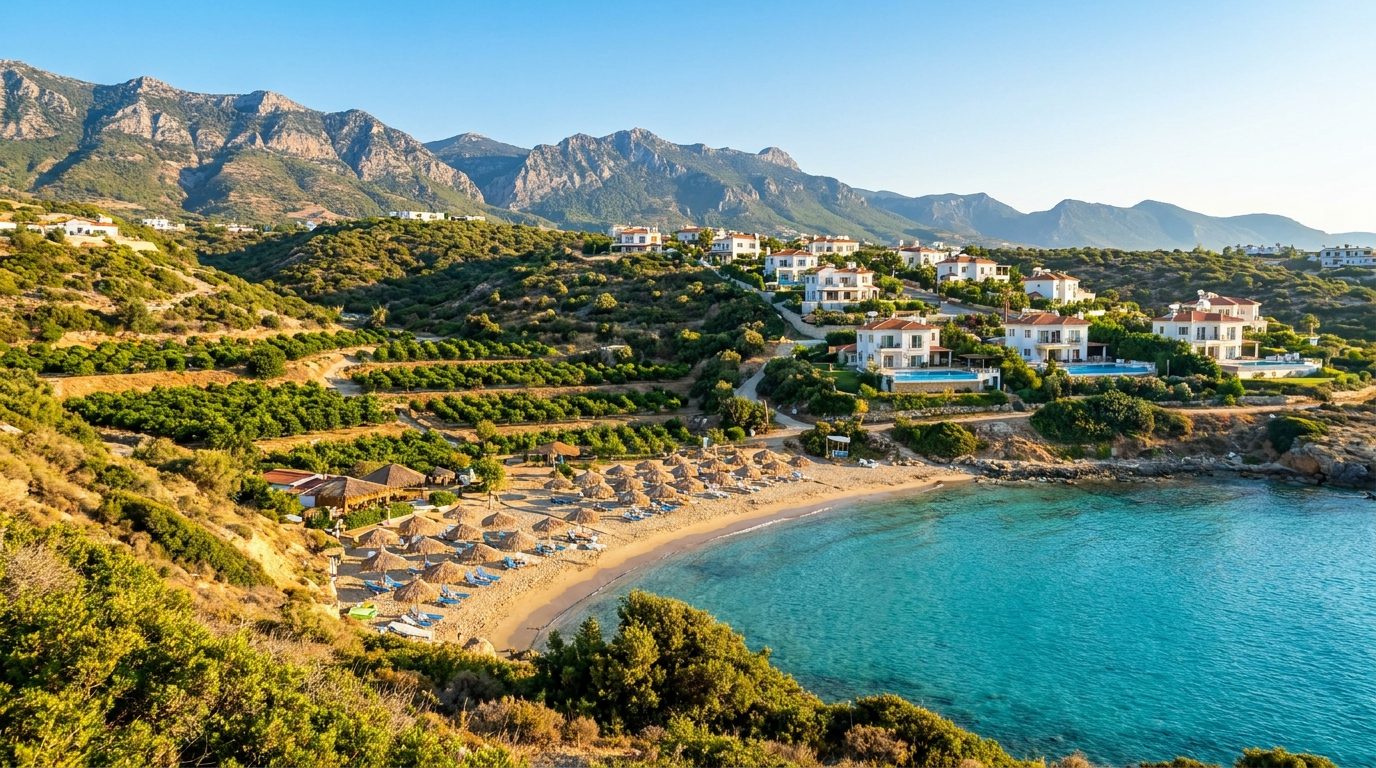 Sandy beach cove and hillside villas in Alsancak, North Cyprus