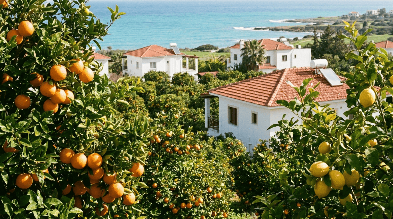 Citrus orchards and villas above the sea in Alsancak, North Cyprus