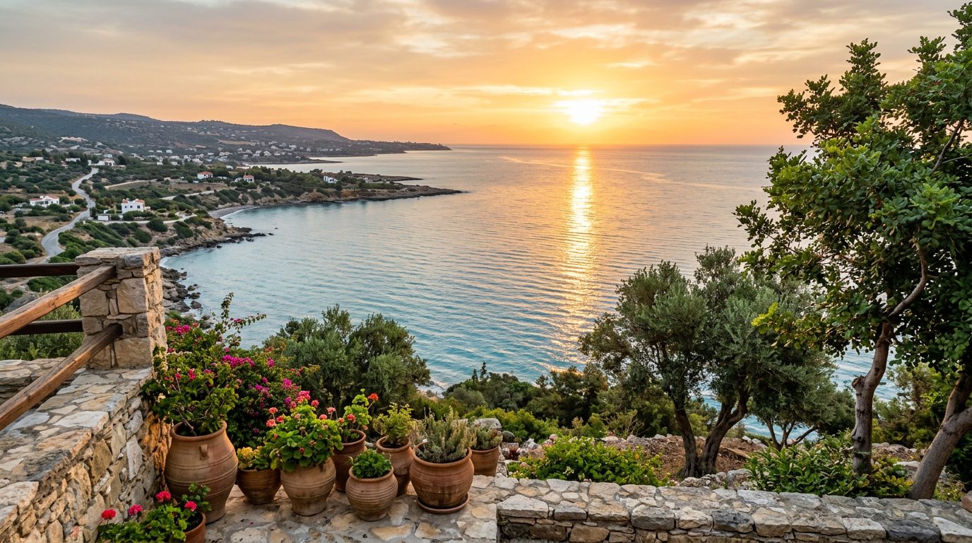 Sunrise over the sea from a garden terrace in Bahceli, North Cyprus