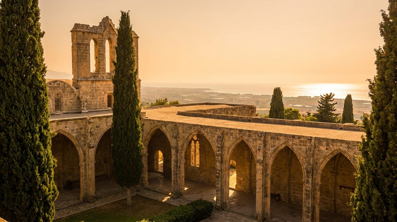 Gothic cloister of Bellapais Abbey near Kyrenia, North Cyprus