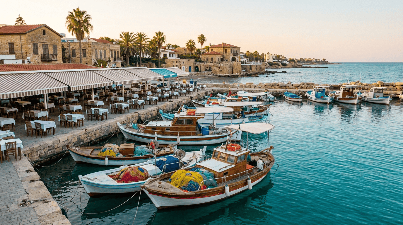 Fishing harbour and seafood restaurants in Bogaz, North Cyprus