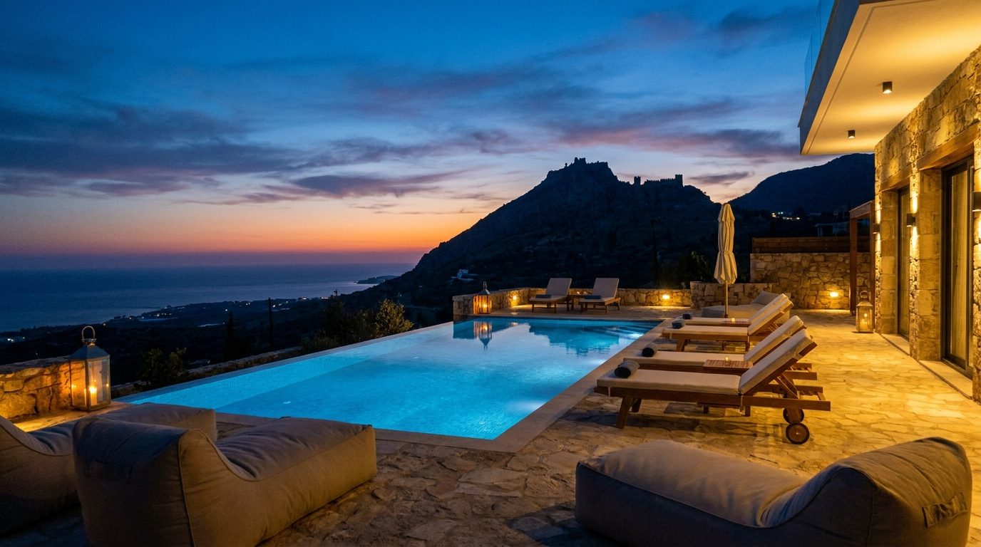 Villa pool terrace at dusk overlooking the sea in Catalkoy, North Cyprus