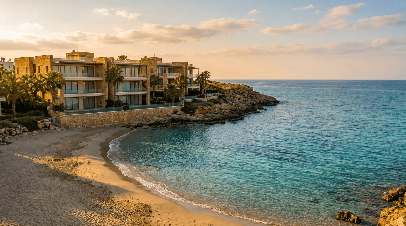 Sandy beach cove and apartments in Karaoglanoglu near Kyrenia, North Cyprus