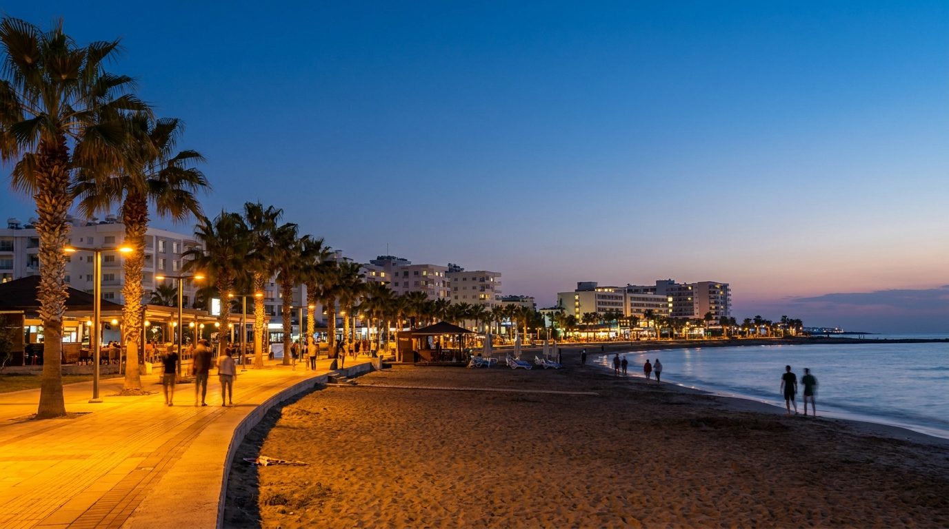 Long Beach palm promenade at twilight, Iskele, North Cyprus