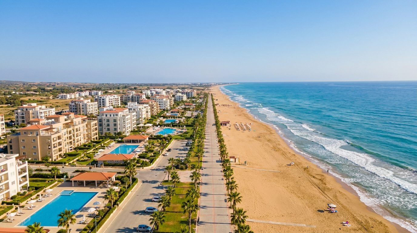 Long Beach golden sand and palm promenade, Iskele, North Cyprus
