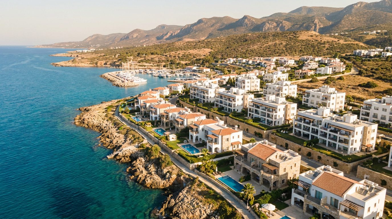 Kuzey Kıbrıs'ta badanalı apartman binaları, marina ve turkuaz deniz ile modern bir Akdeniz sahil yerleşiminin havadan görünümü