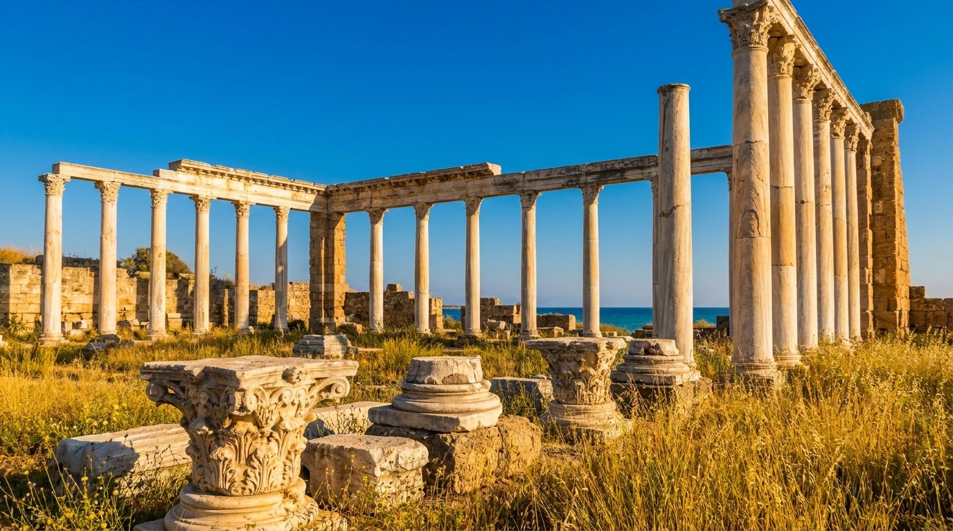 Мраморные колонны древнего Саламиса недалеко от Фамагусты, Северный Кипр