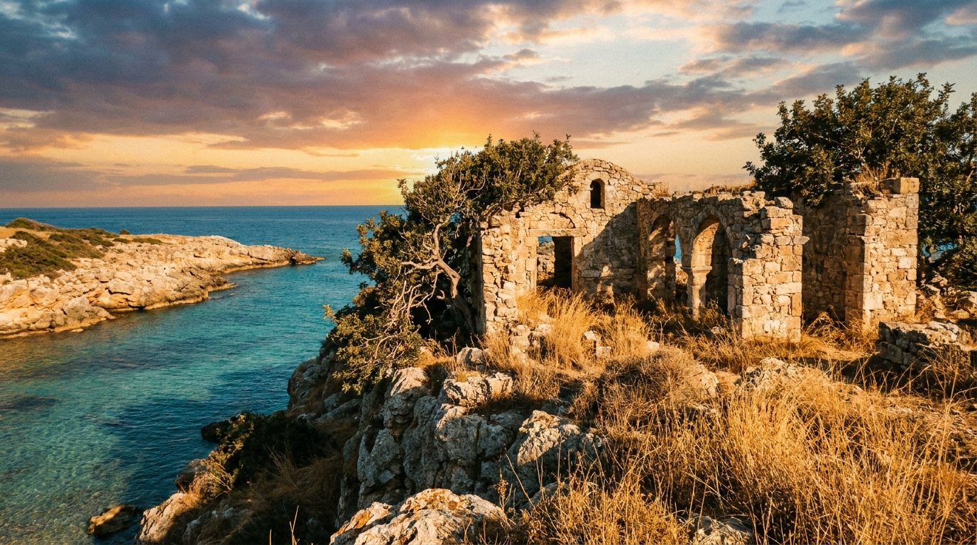 Old chapel ruins on the wild Tatlisu coast, North Cyprus