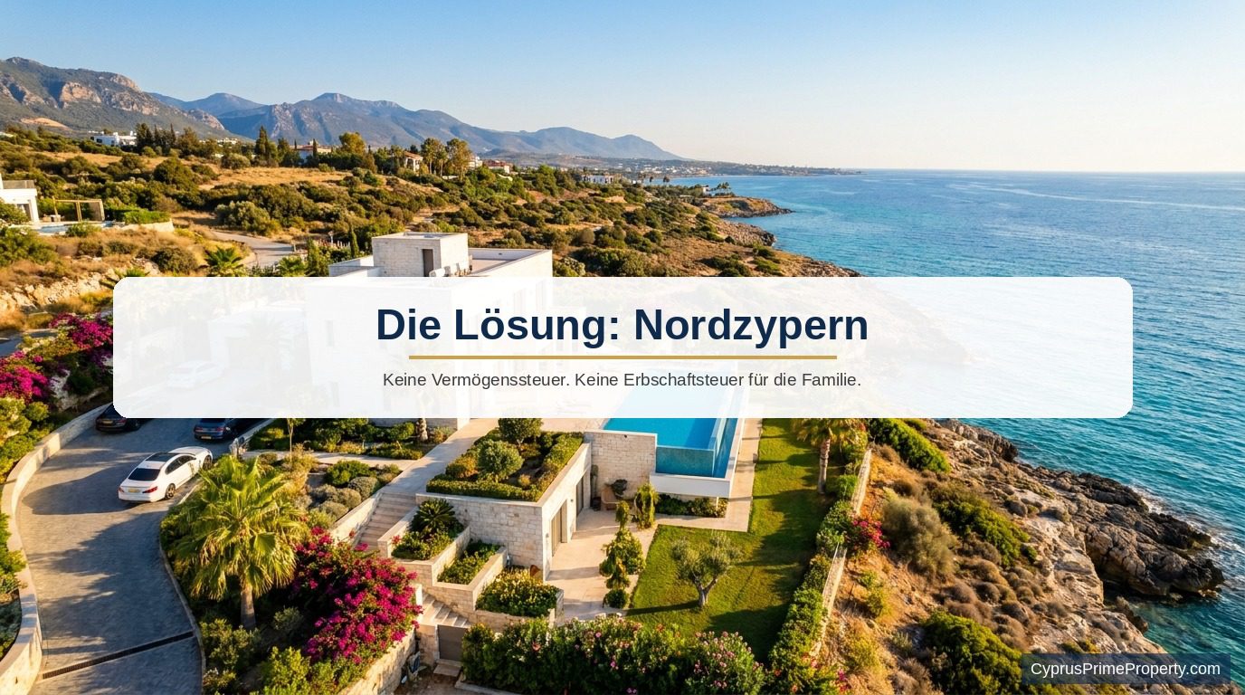 Luxusvilla mit Infinity-Pool und Meerblick an der Küste Nordzyperns bei goldenem Licht, Symbolbild für TRNC-Immobilieninvestment ohne Vermögenssteuer und Erbschaftsteuer