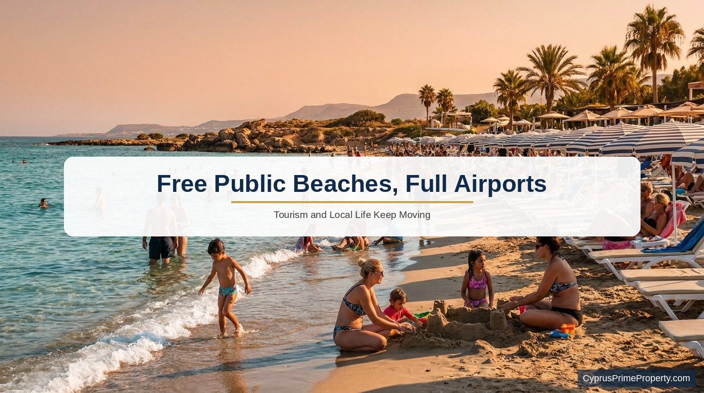Busy public beach in Northern Cyprus at golden hour with families and sun loungers, representing free beach access and record tourism arrivals in 2026