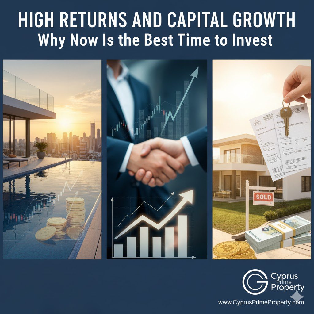A collage of images depicting a luxury property with an infinity pool at sunset and stacked gold coins, a handshake with financial growth charts, and a hand holding keys over a "SOLD" sign and money. This represents high returns and capital growth in real estate investment with CyprusPrimeProperty.com.