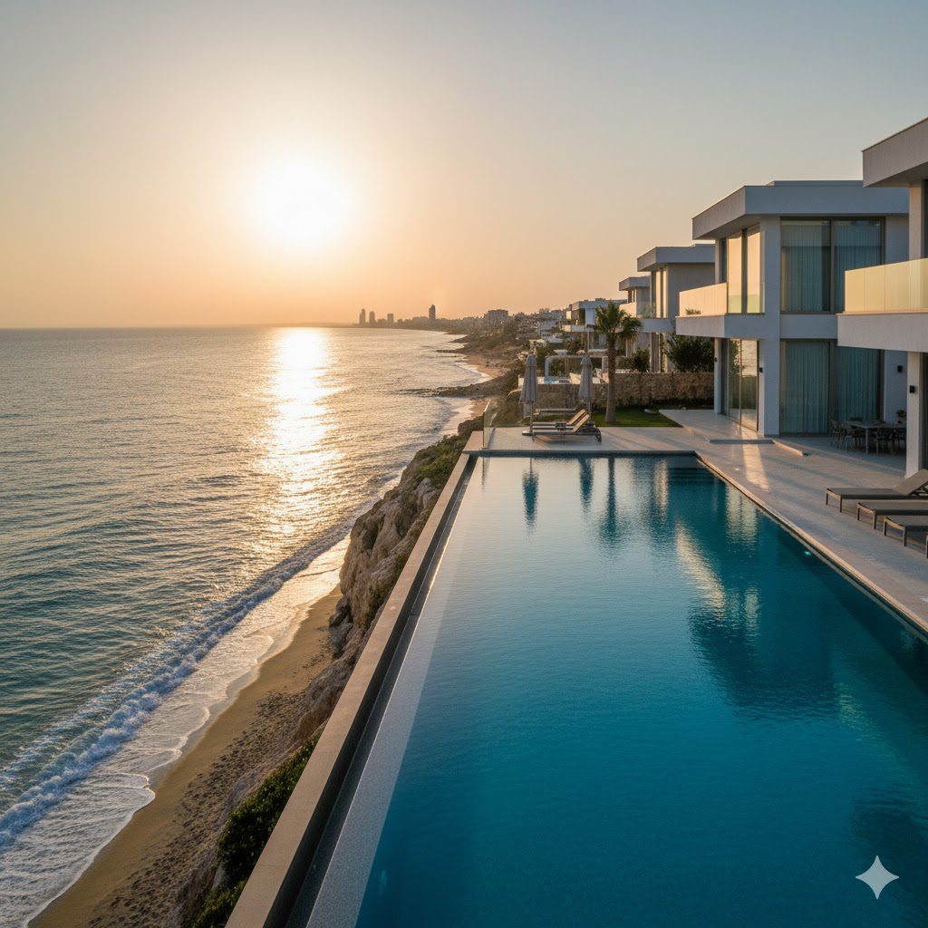 Eine atemberaubende Luxusvilla mit Infinity-Pool mit Blick auf das Mittelmeer in Iskele, Nordzypern. Das Sonnenlicht spiegelt sich auf der Wasseroberfläche und unterstreicht den exklusiven Küstenlebensstil