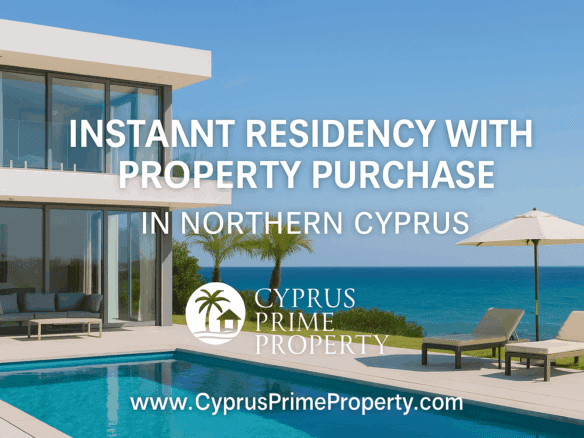 «Современная роскошная вилла с бассейном и видом на море в Северном Кипре, представляющая собой мгновенное получение вида на жительство через покупку недвижимости, с белым логотипом Cyprus Prime Property и www.CyprusPrimeProperty.com