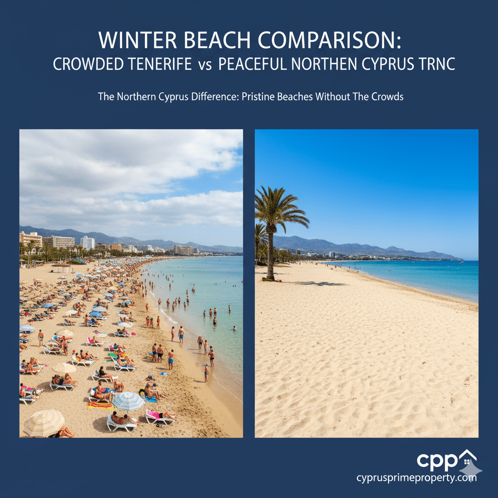 CPP - CyprusPrimeProperty Northern Cyprus Among Top 10 Winter Sun Destinations: Your Ultimate Guide to Mediterranean Winter Living 3 Winter beach comparison: Crowded Tenerife beach versus peaceful, empty beach in Northern Cyprus TRNC - cpp cyprusprimeproperty.com